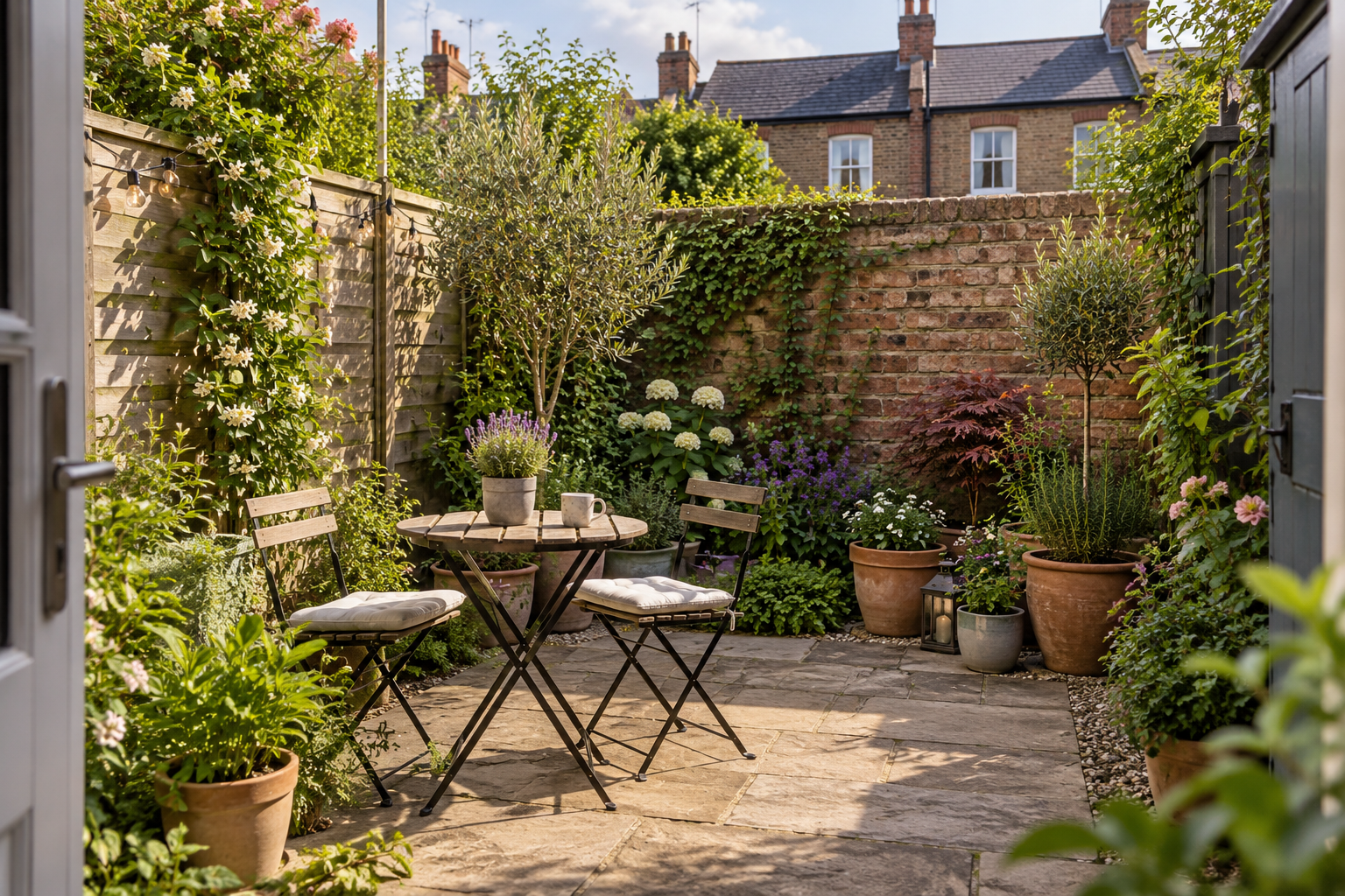 Small British garden with patio seating, containers and vertical planting