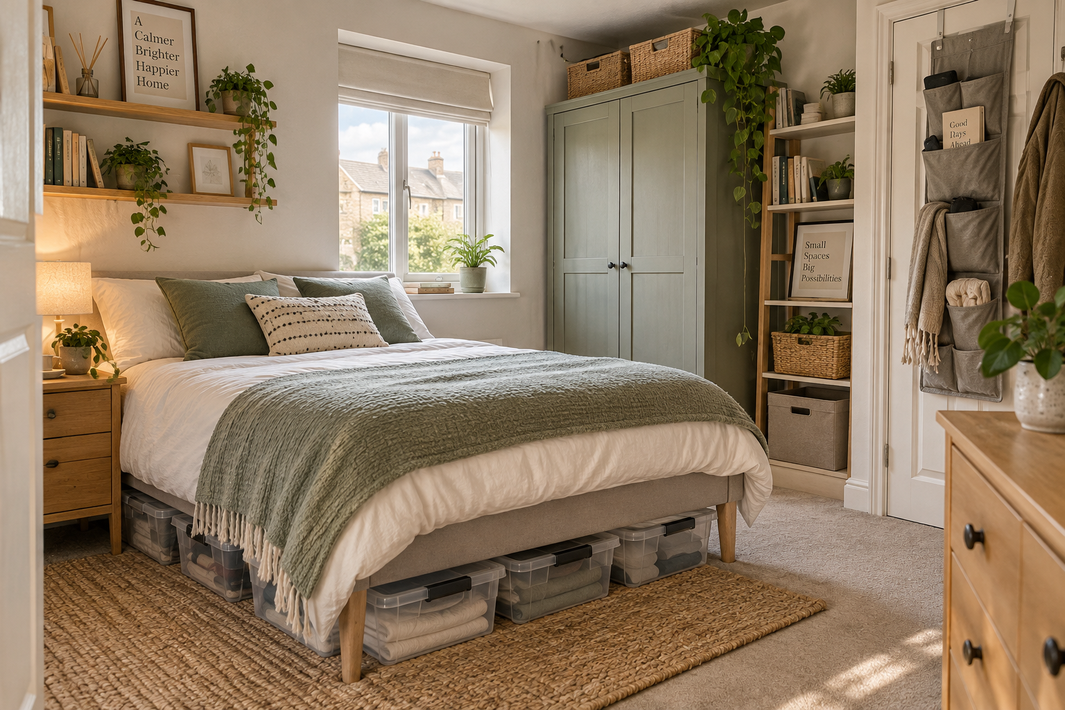 Small bedroom with practical space-saving storage ideas