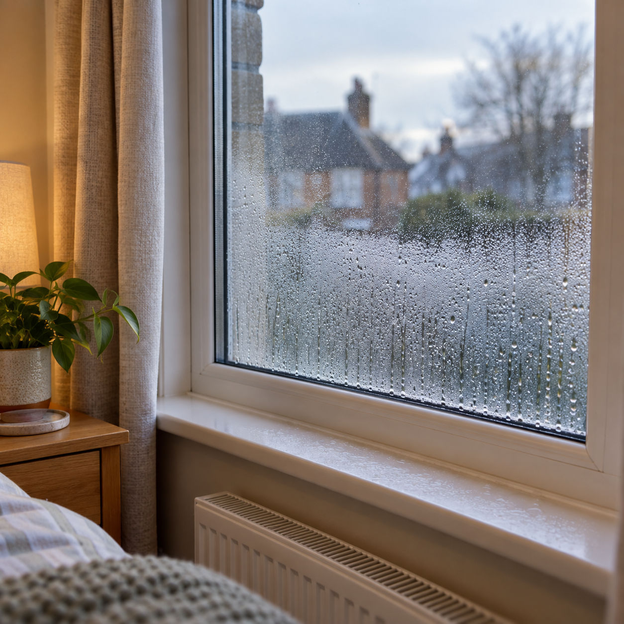 Condensation on the inside of a bedroom window in a UK home