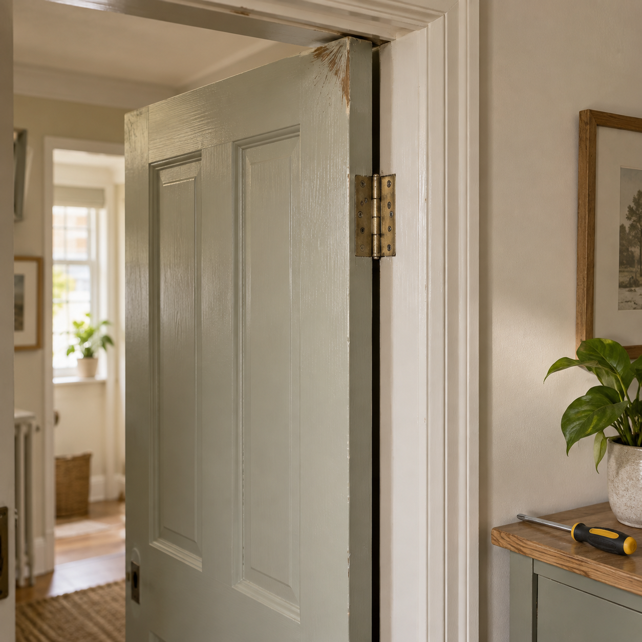 Internal door sticking against the top of a painted door frame