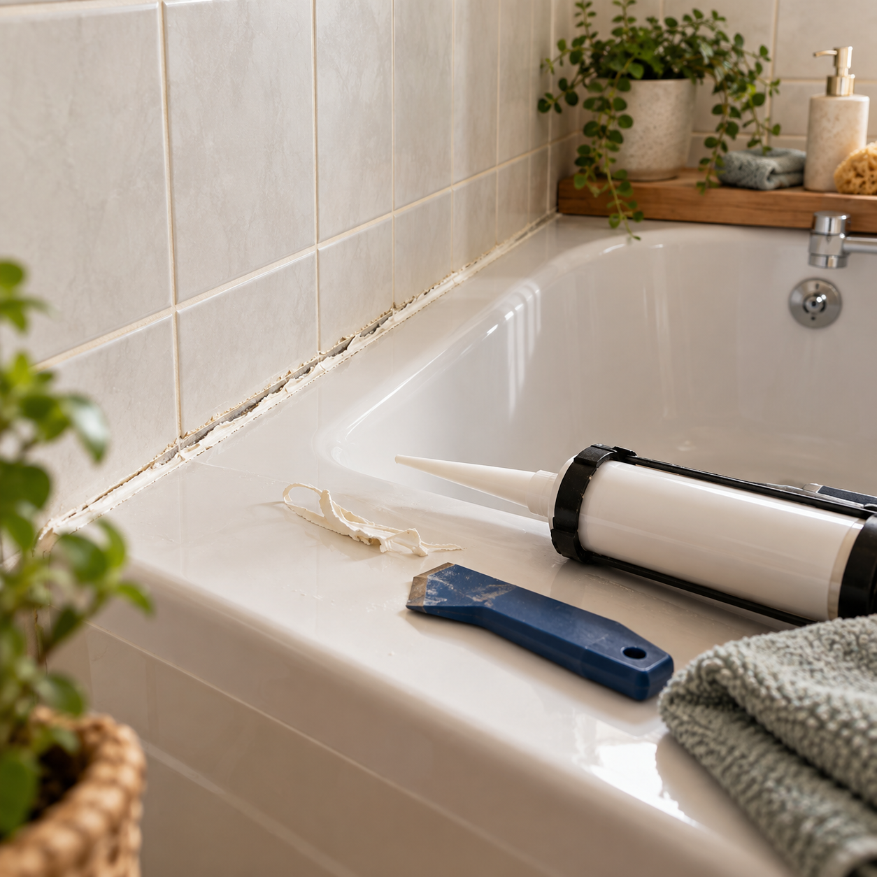 Old silicone being removed from around a bath before resealing