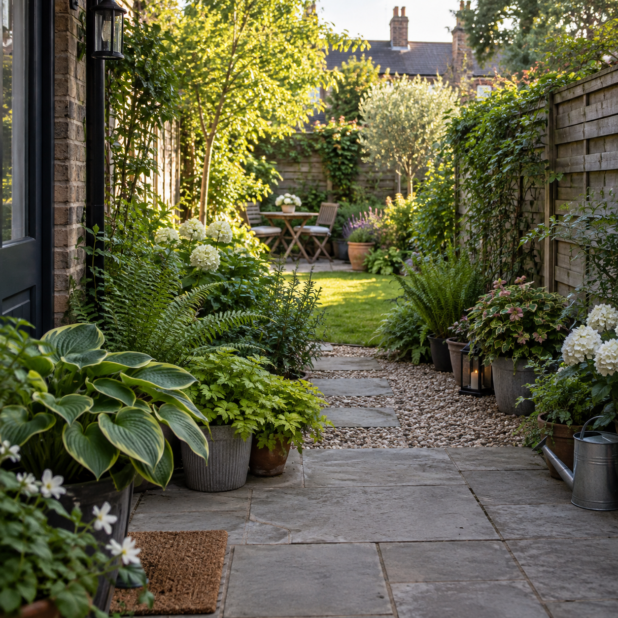 Small north-facing UK garden with shade-tolerant plants and seating in a sunny area