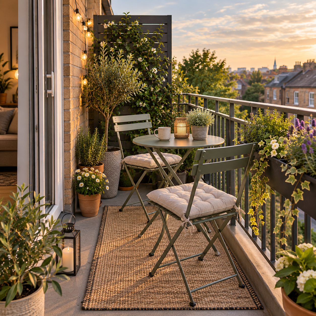 Small rented balcony with folding furniture, potted plants and an outdoor rug