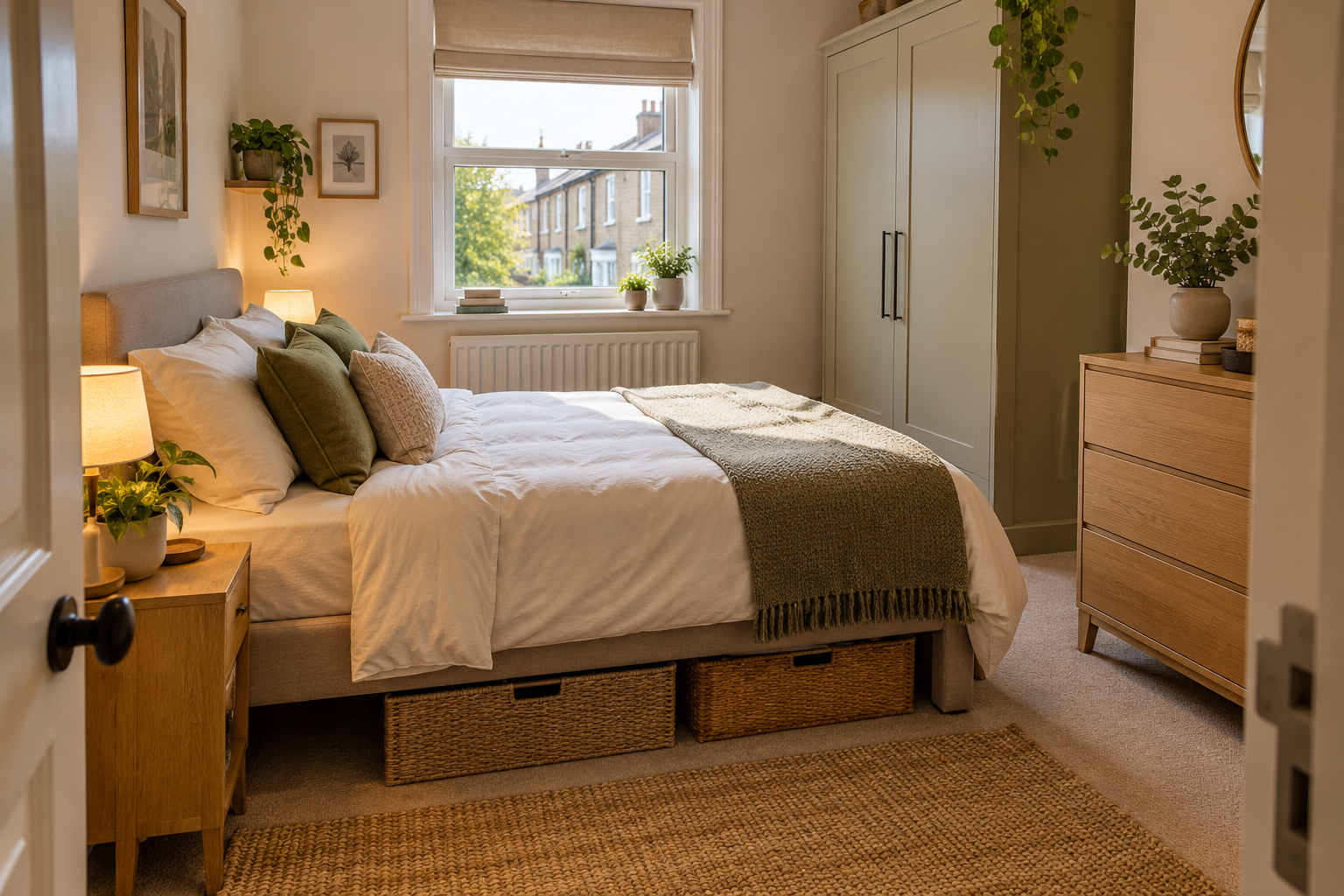 Small UK bedroom with a double bed, under-bed storage, wardrobe and clear floor space