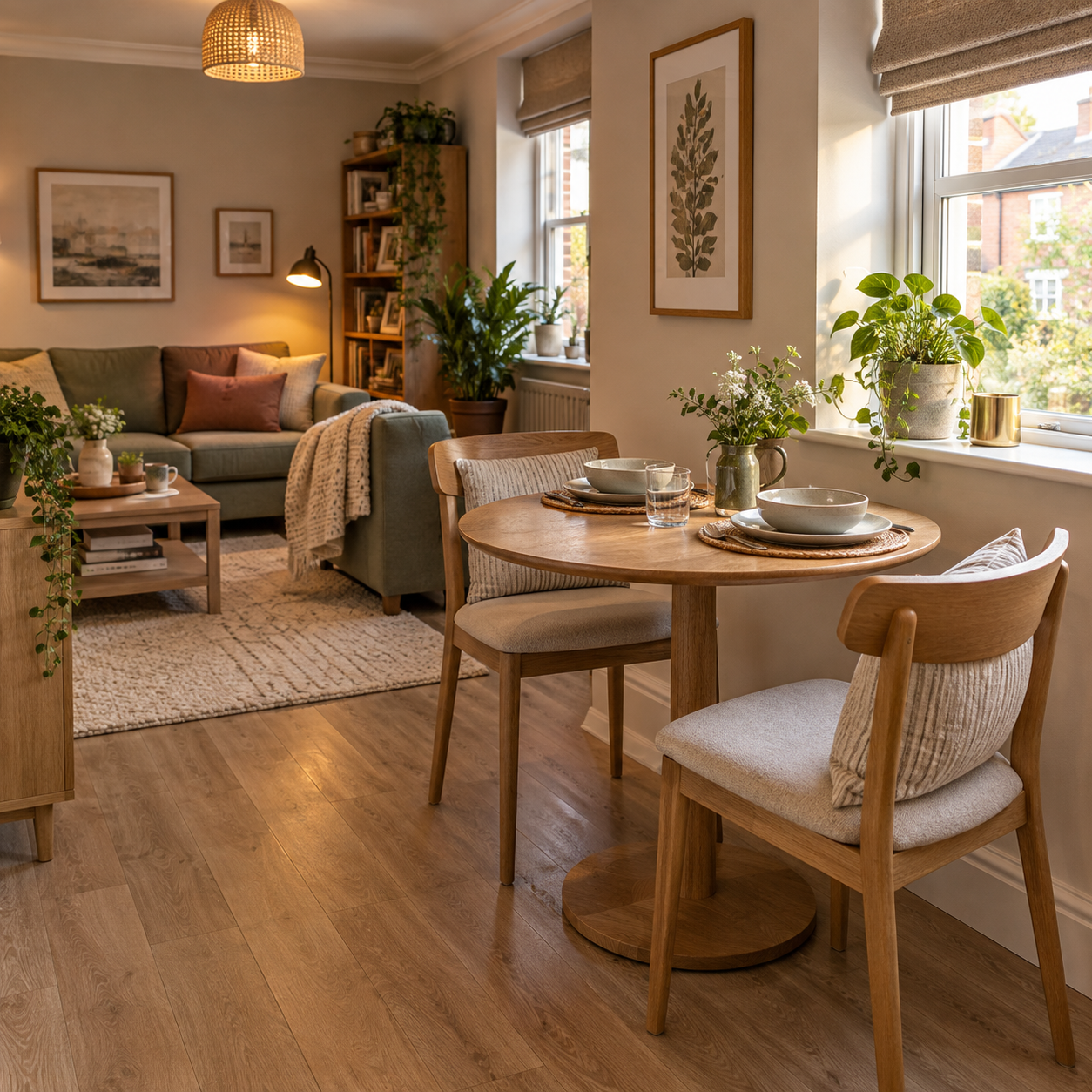 Small dining area with a round table in a compact UK living room