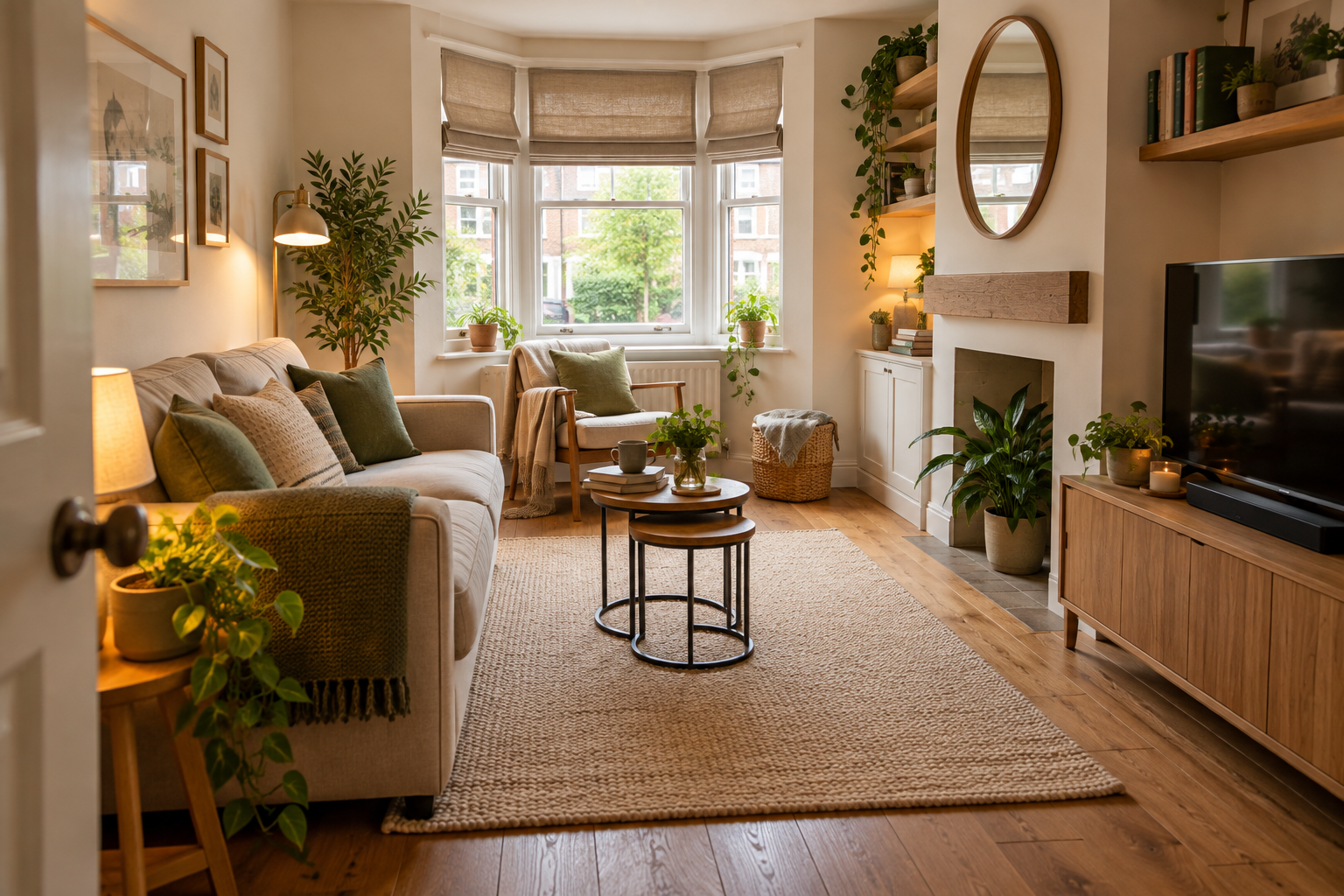 Small UK living room with a compact sofa, nesting tables, TV unit and clear floor space
