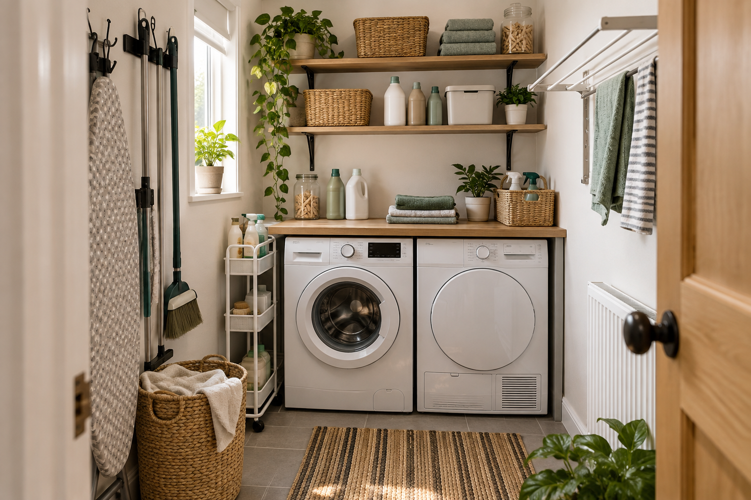 Small utility room with shelving, baskets, laundry storage and space-saving organisation