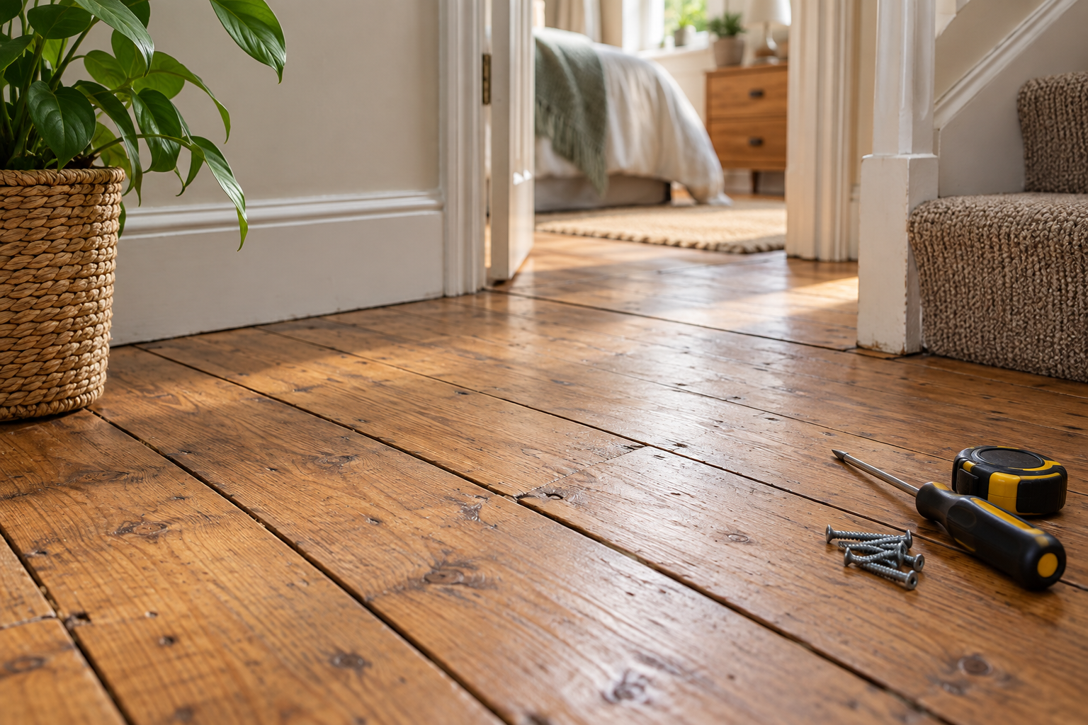 Squeaky wooden floorboards in a UK home ready for a simple DIY repair