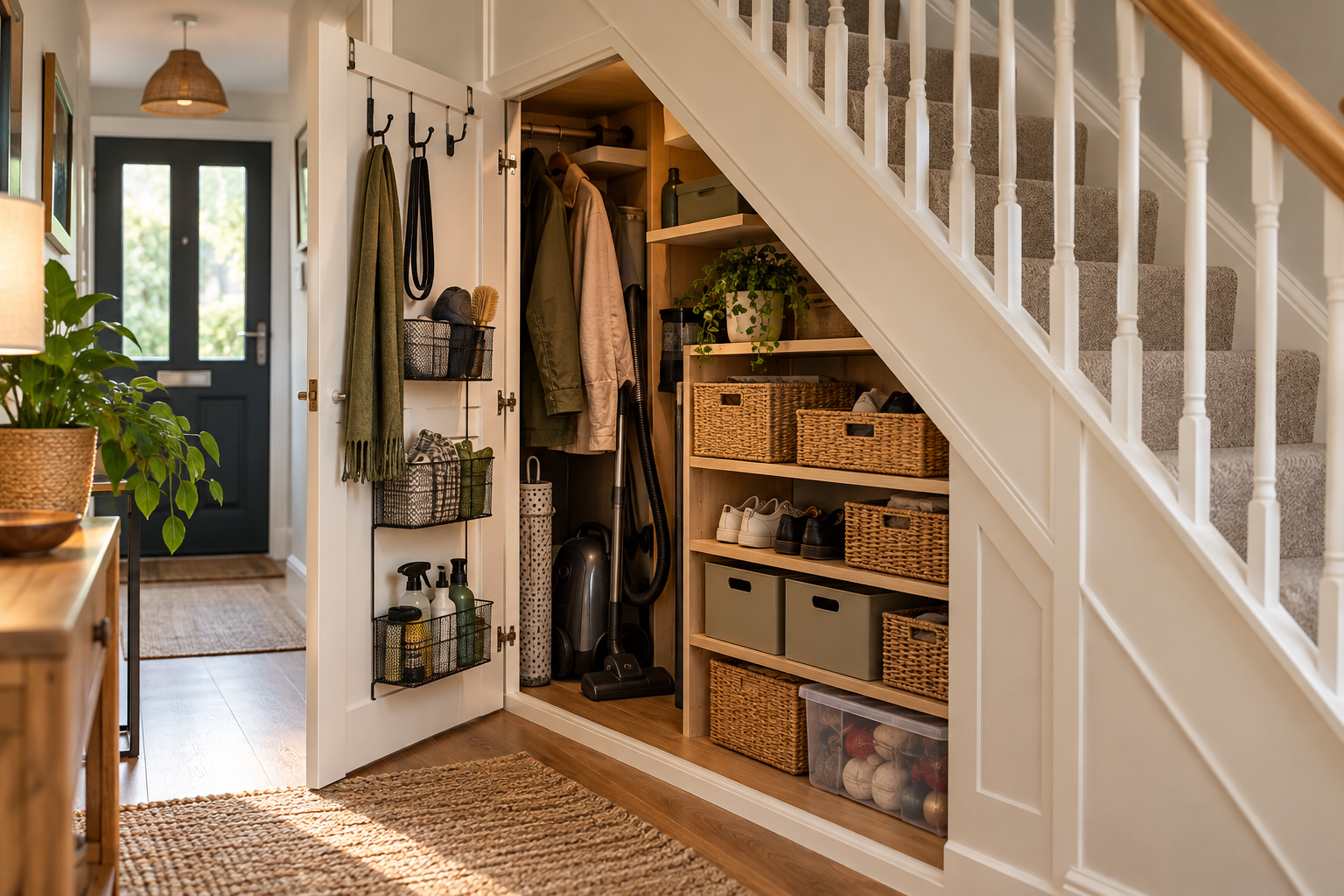 Organised under-stairs storage with shelves, baskets, shoes and cleaning equipment