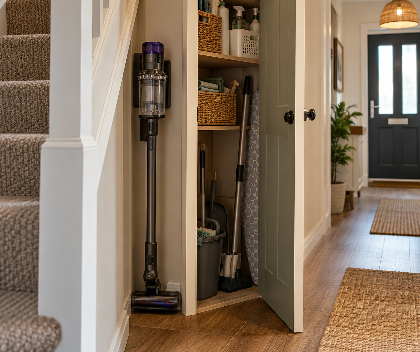 Cordless vacuum cleaner stored beside an organised cleaning cupboard in a small hallway