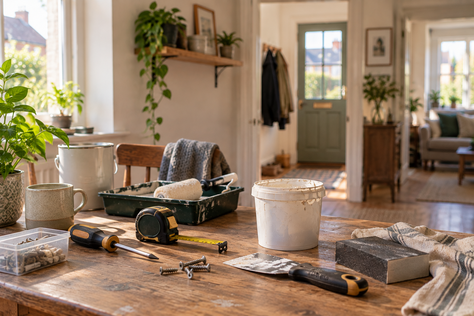 Simple DIY tools and decorating supplies in a warm UK home