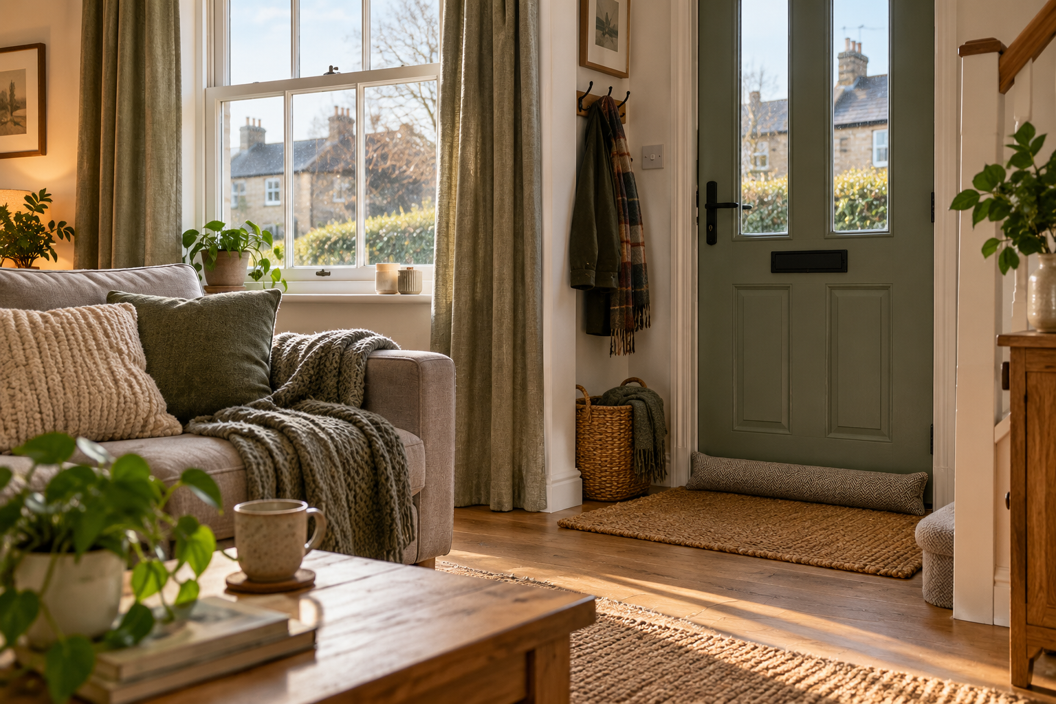 Draught-proofed window and external door in a warm UK home