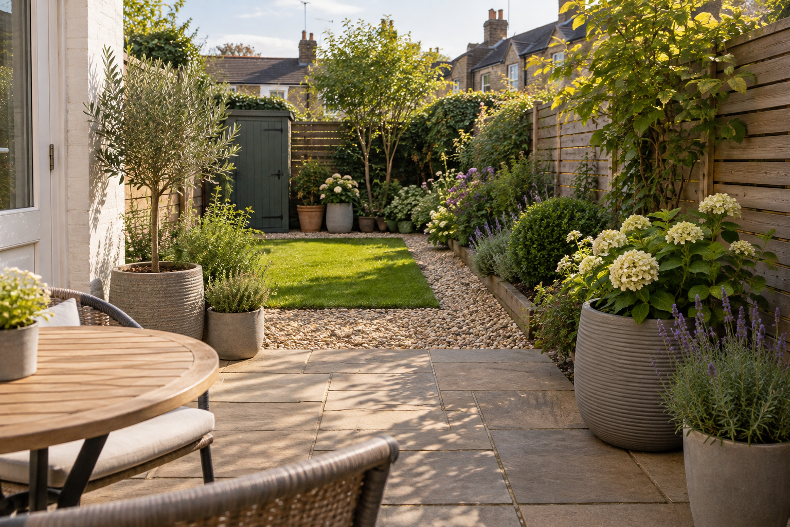 Low-maintenance small UK garden with patio, gravel path and easy-care planting