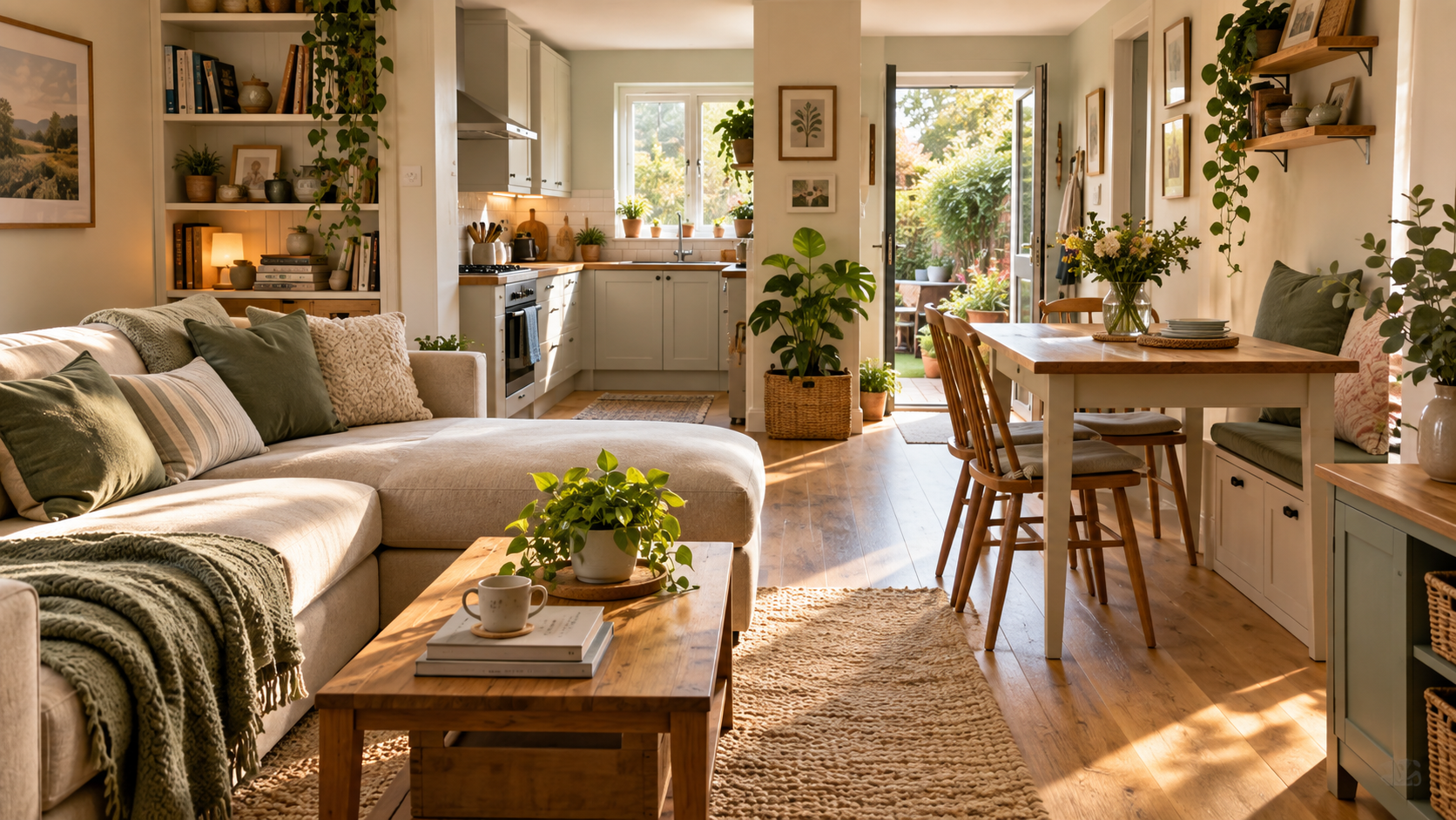 Small UK open-plan home with practical storage and space-saving furniture