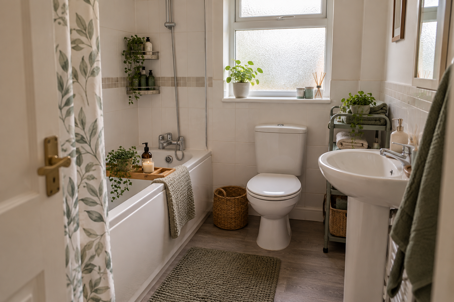 Small renter-friendly UK bathroom with freestanding storage, soft textiles and a frosted window