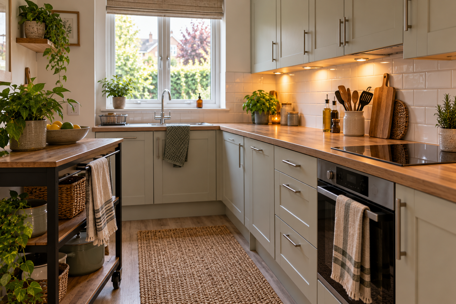 Renter-friendly UK kitchen with warm lighting, freestanding storage and simple styling