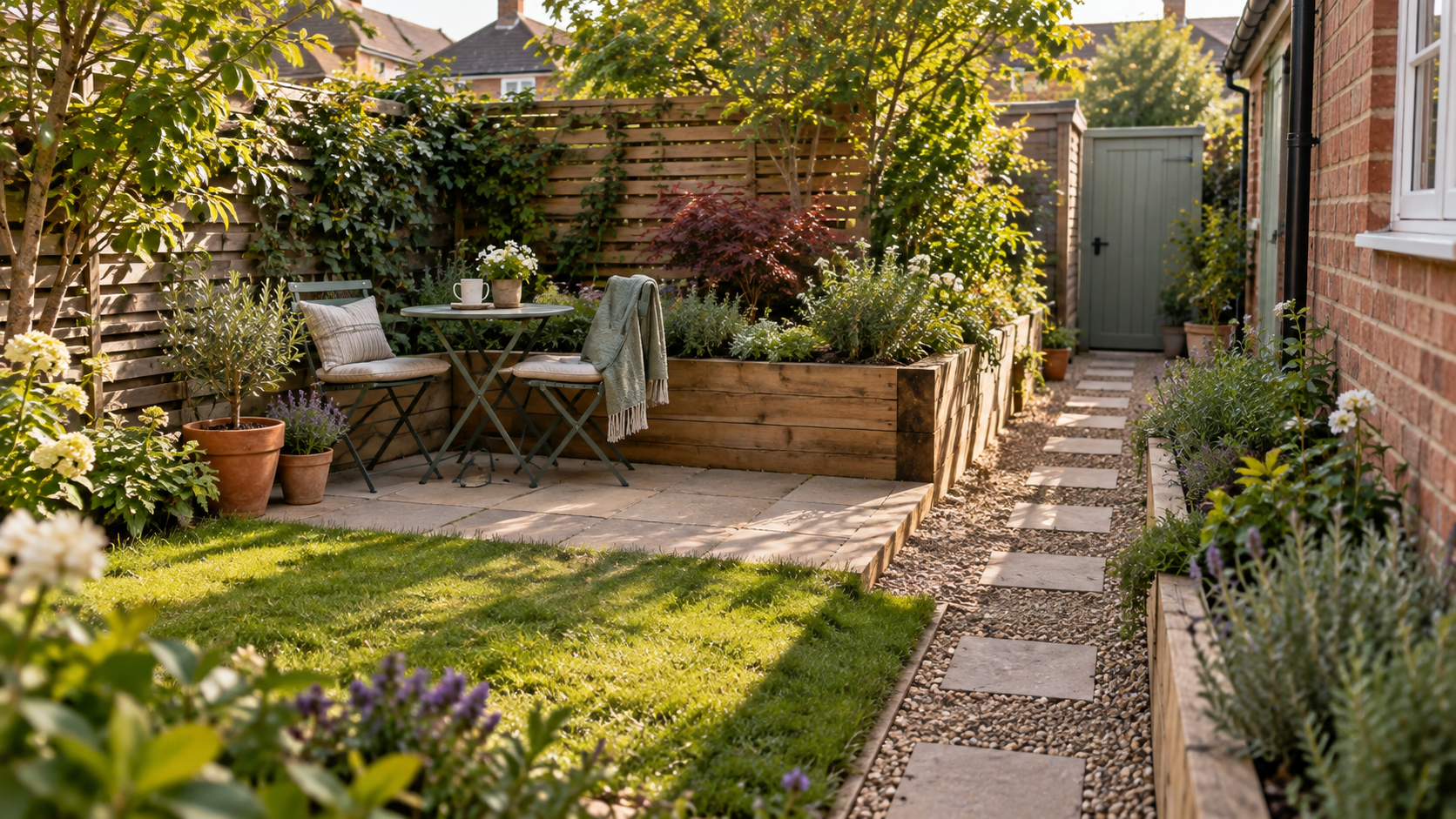 Budget-friendly small UK garden with simple seating, raised beds and gravel path