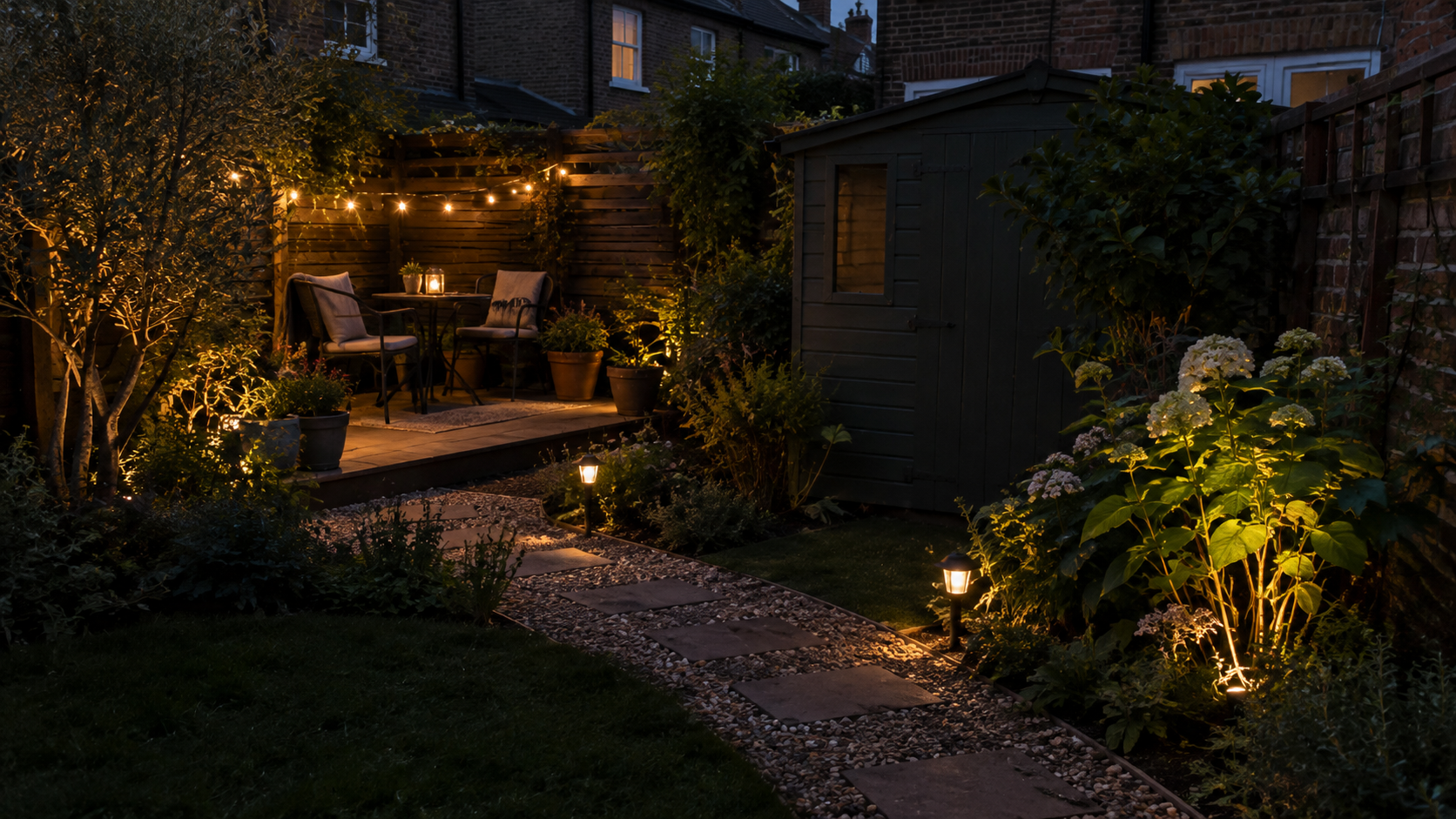 Small UK garden at dusk with warm path lights, festoon lighting and illuminated planting