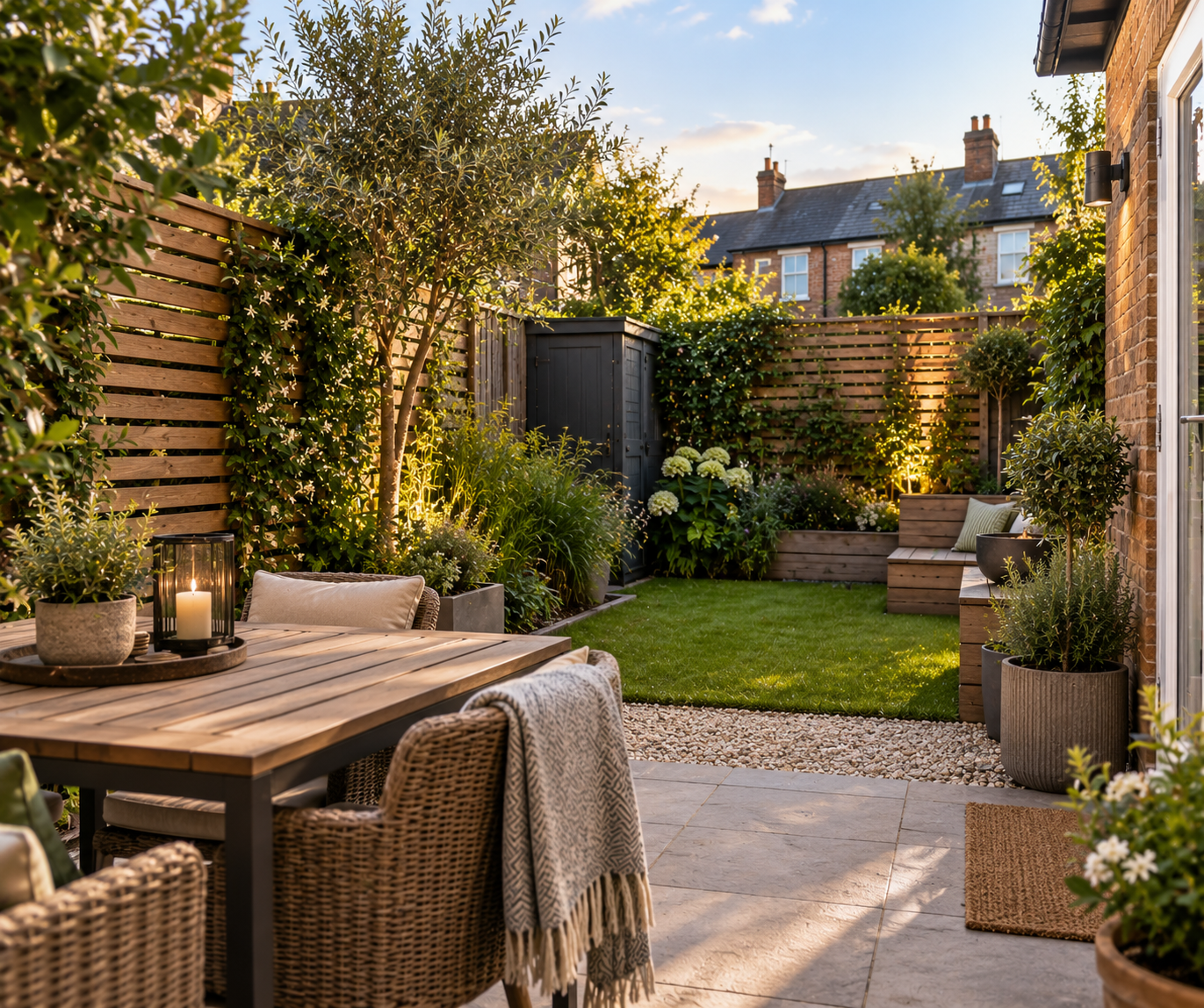 Small UK garden with slatted privacy screening, climbing plants and a private seating area