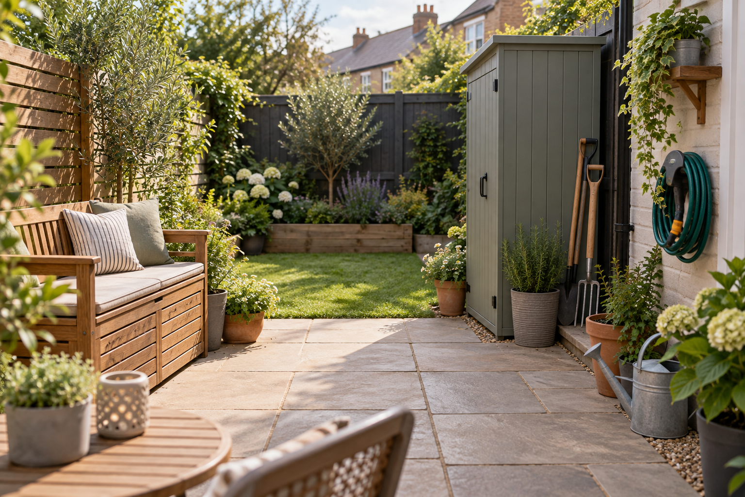 Small UK garden with practical space-saving storage ideas
