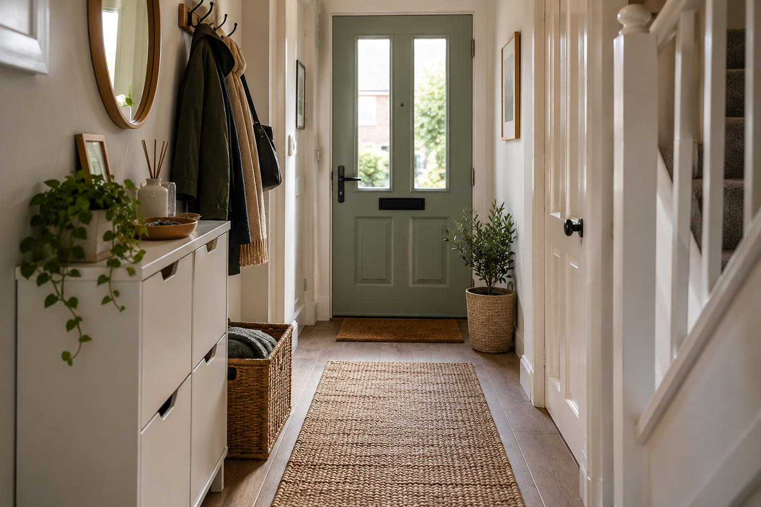 Narrow UK hallway with practical space-saving storage