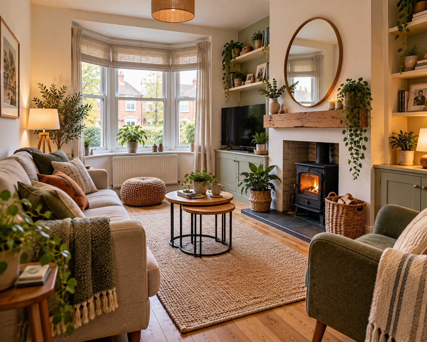 Small UK living room with sofa, armchair and furniture arranged around a fireplace