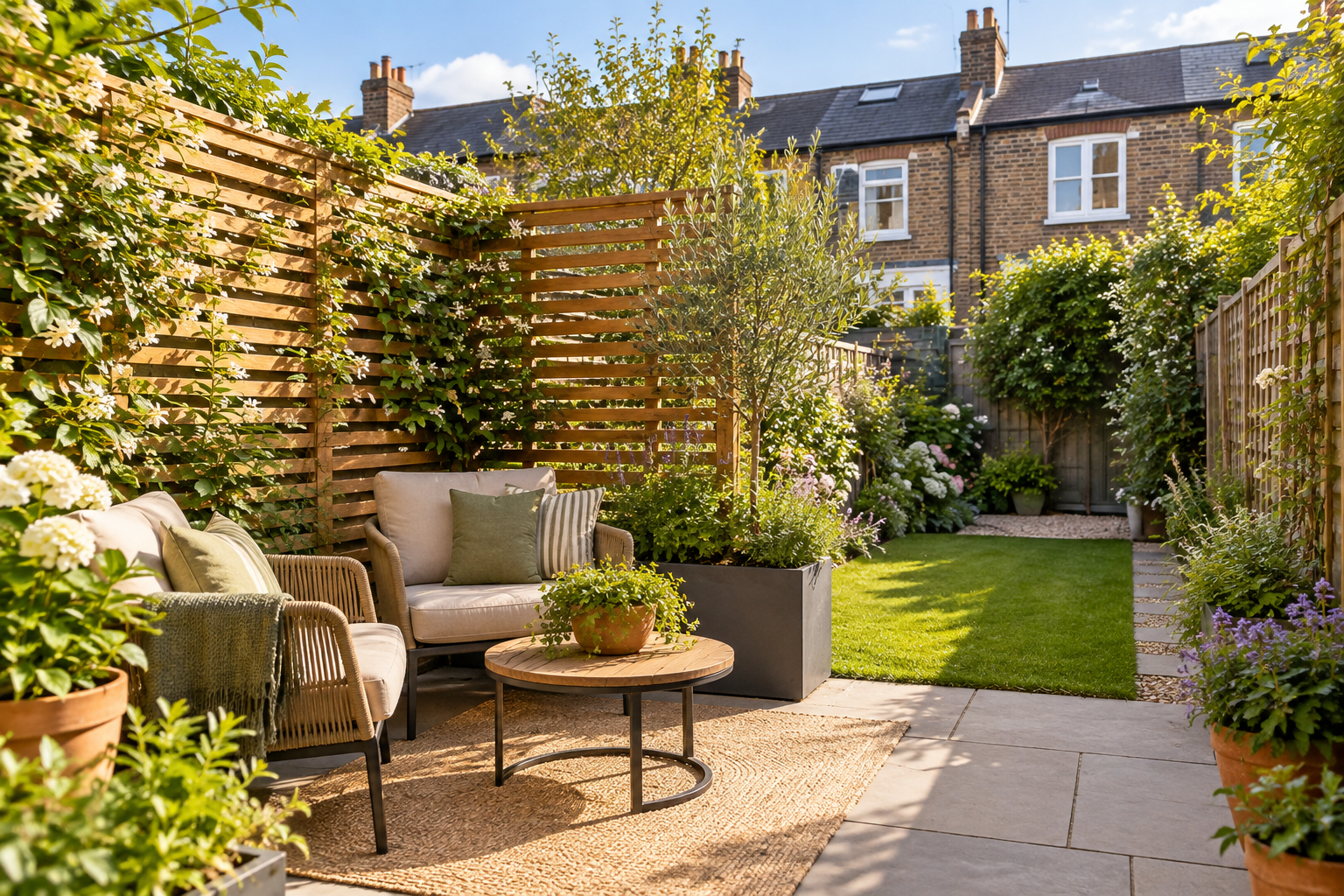 Small overlooked UK garden with timber privacy screening and a private seating area