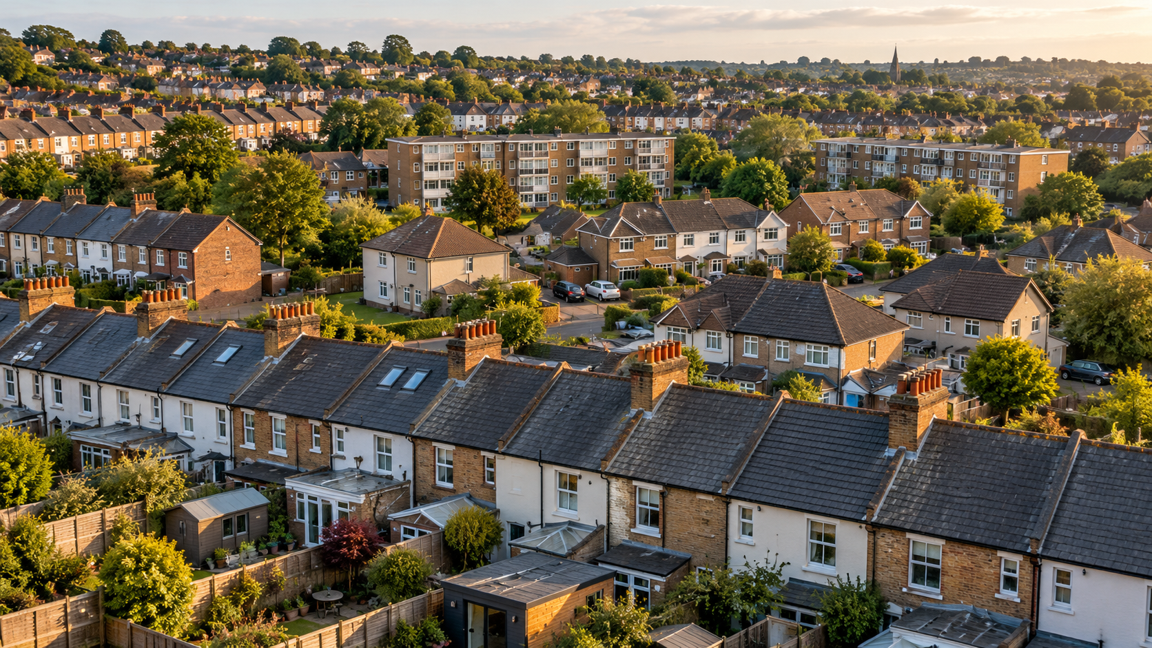 Aerial view of terraced, semi-detached and low-rise housing in an English residential neighbourhood